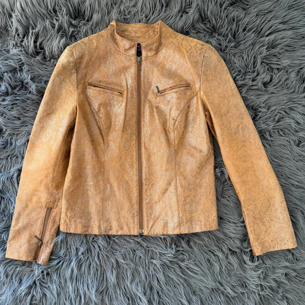 Vakko VS2 Metallic Gold Leather Moto Jacket Brown Printed Size 8 - Picture 2 of 9